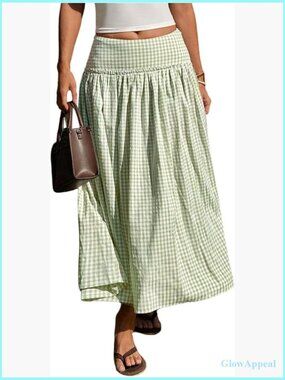 Plaid Gingham Maxi Skirt Low Waist Flowy Long Skirt Tunic Top